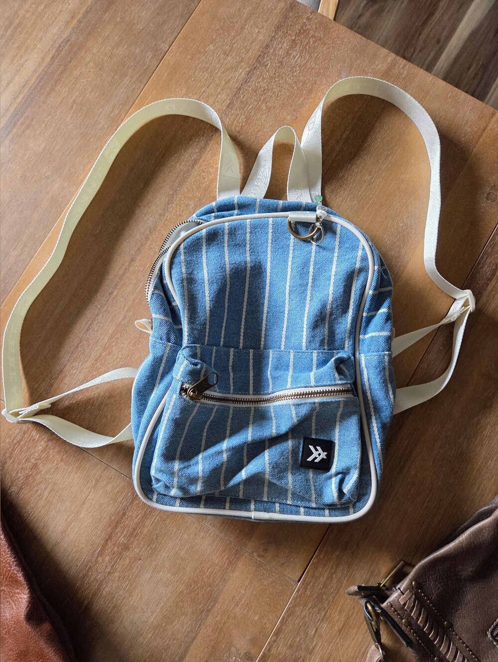 Unbranded Blue Striped Canvas Mini Backpack with Cream Straps
